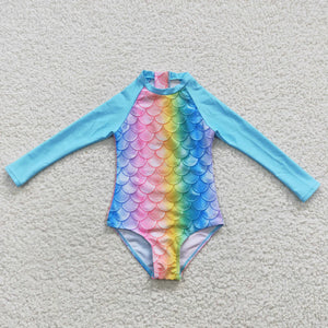 Long Sleeve Rainbow Mermaid Onepiece Swimsuit