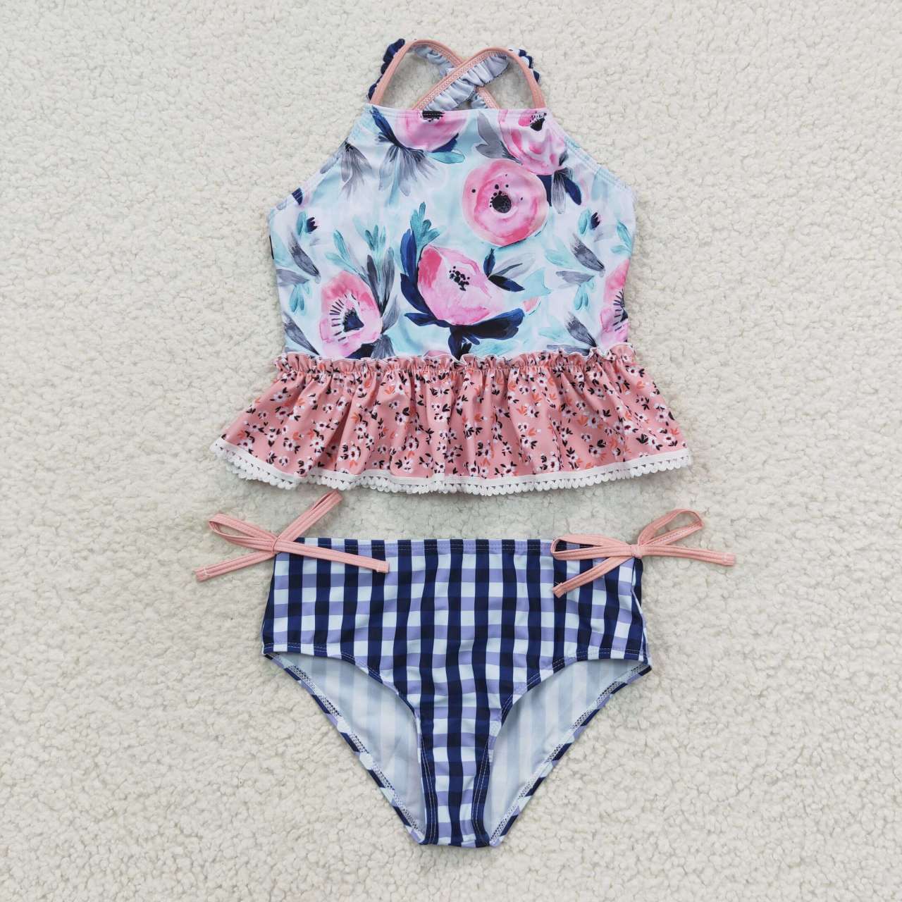 Blue Gingham Floral Two Piece Swimsuit