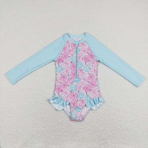 Long Sleeve Blue Pearl Floral Onepiece Swimsuit