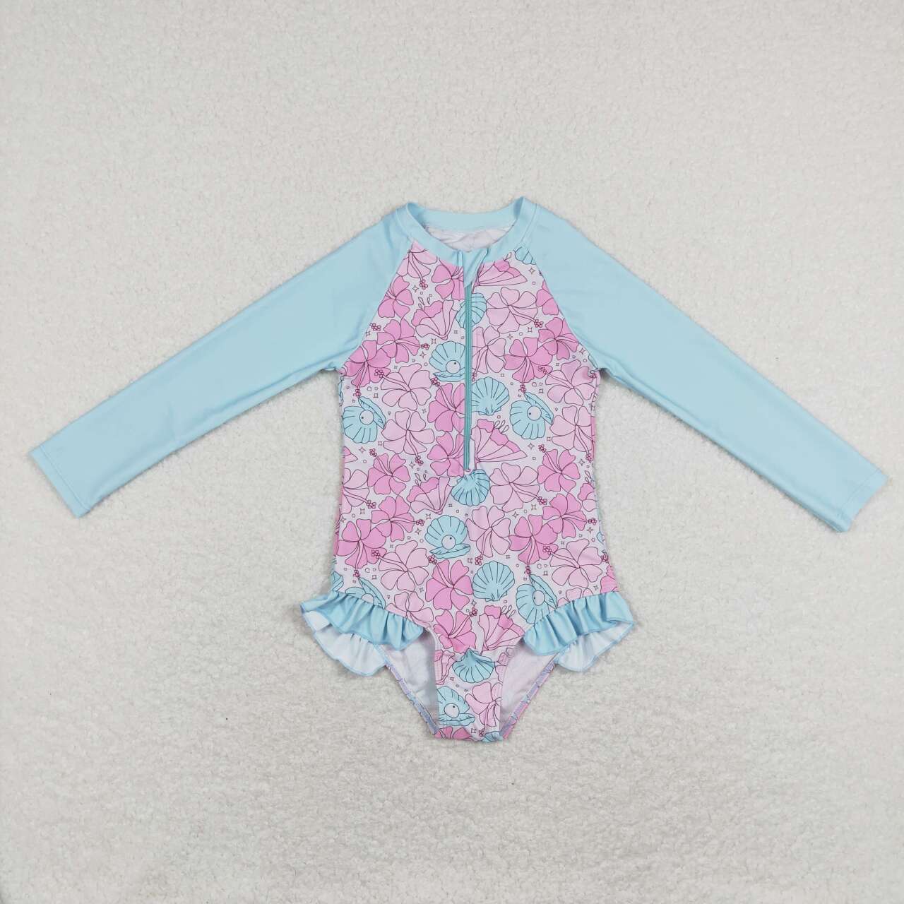 Long Sleeve Blue Pearl Floral Onepiece Swimsuit