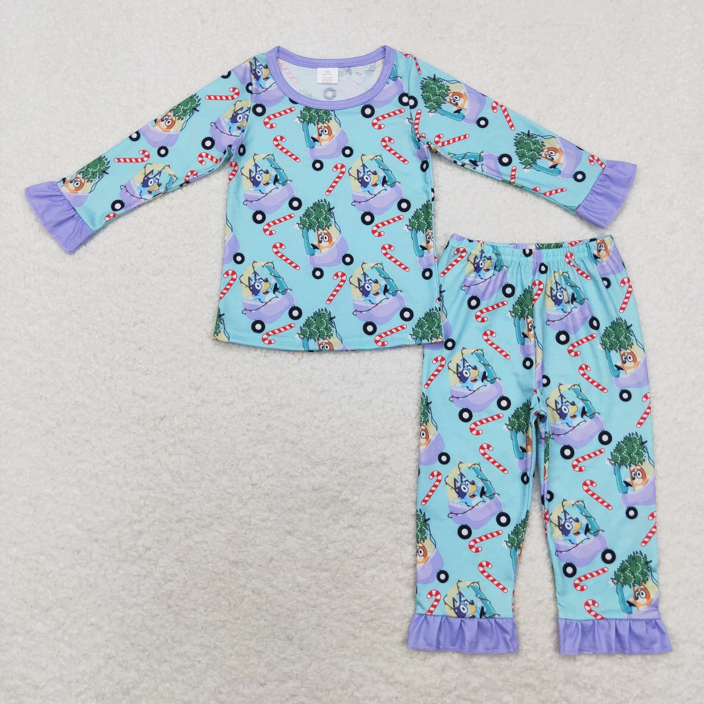 Bamboo blue dog Christmas car ruffled pajama set