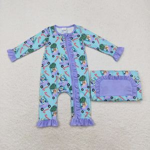 Bamboo blue dog Christmas car ruffled romper