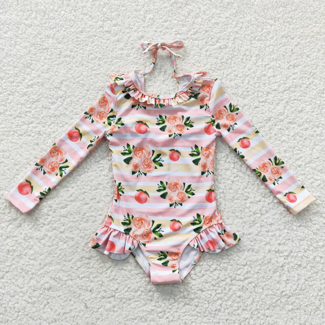 Long Sleeve Peachy Floral Onepiece Swimsuit