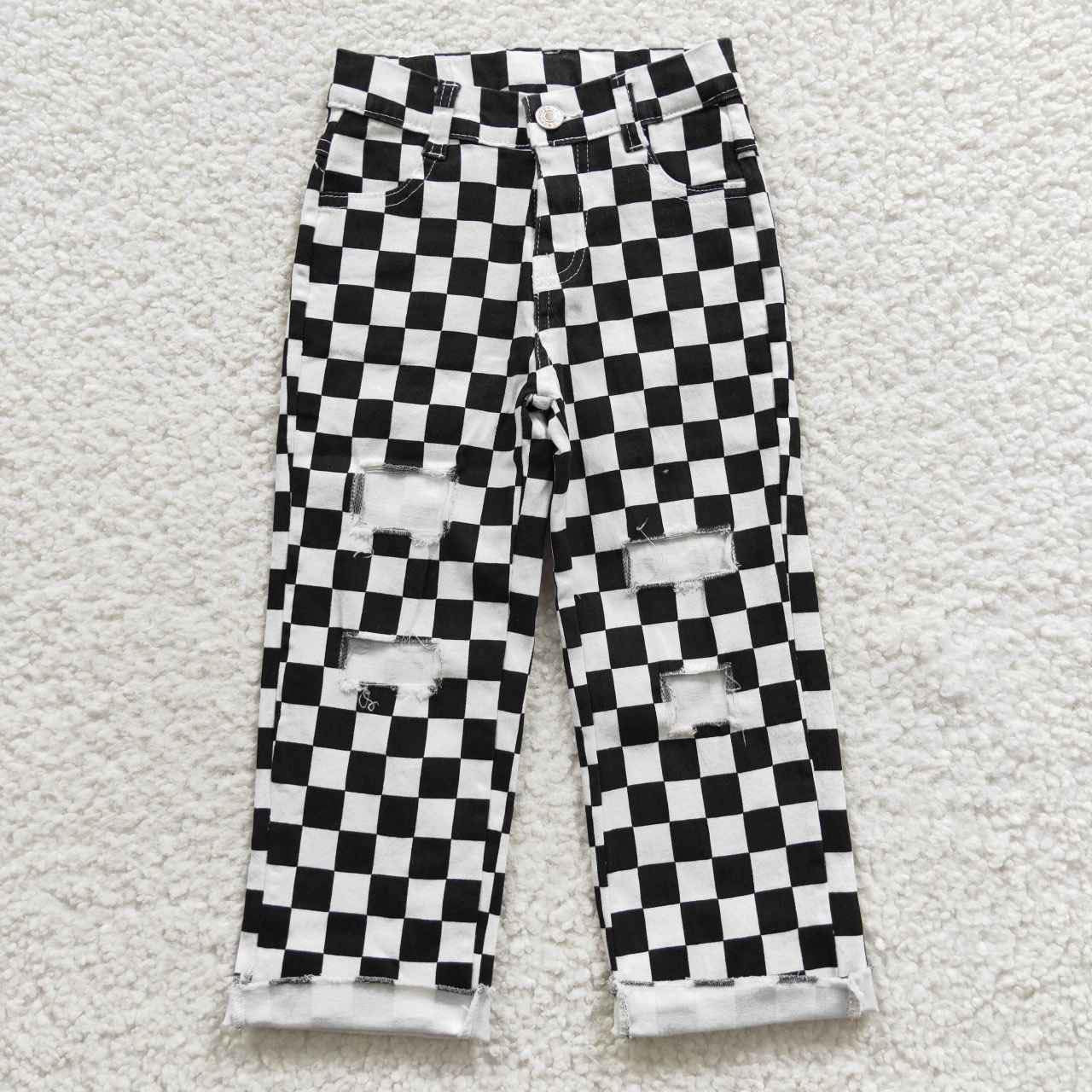 Black and White Checkered Denim Jeans