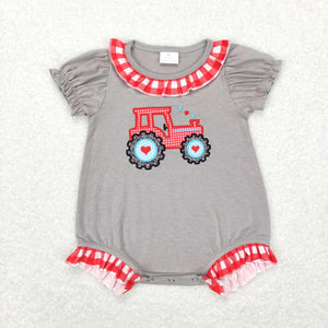 ruffled red tractor romper