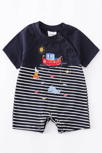 Navy blue striped boat baby romper