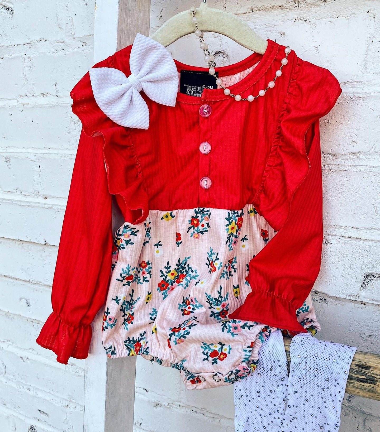 Red Ribbed Floral Romper